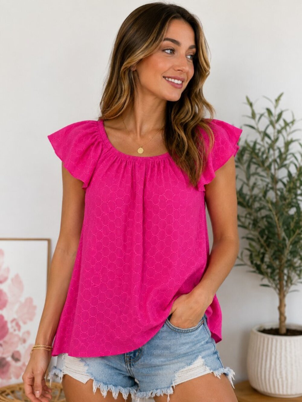 Kim & Cami Hot Pink Eyelet Flutter Sleeve Blouse Medium Boho Top